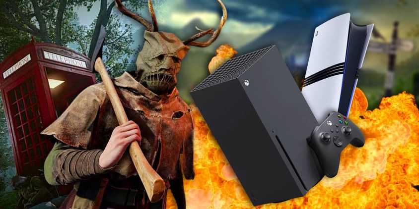Atomfall cultist character holding an axe next to a PS5 and Xbox Series X.