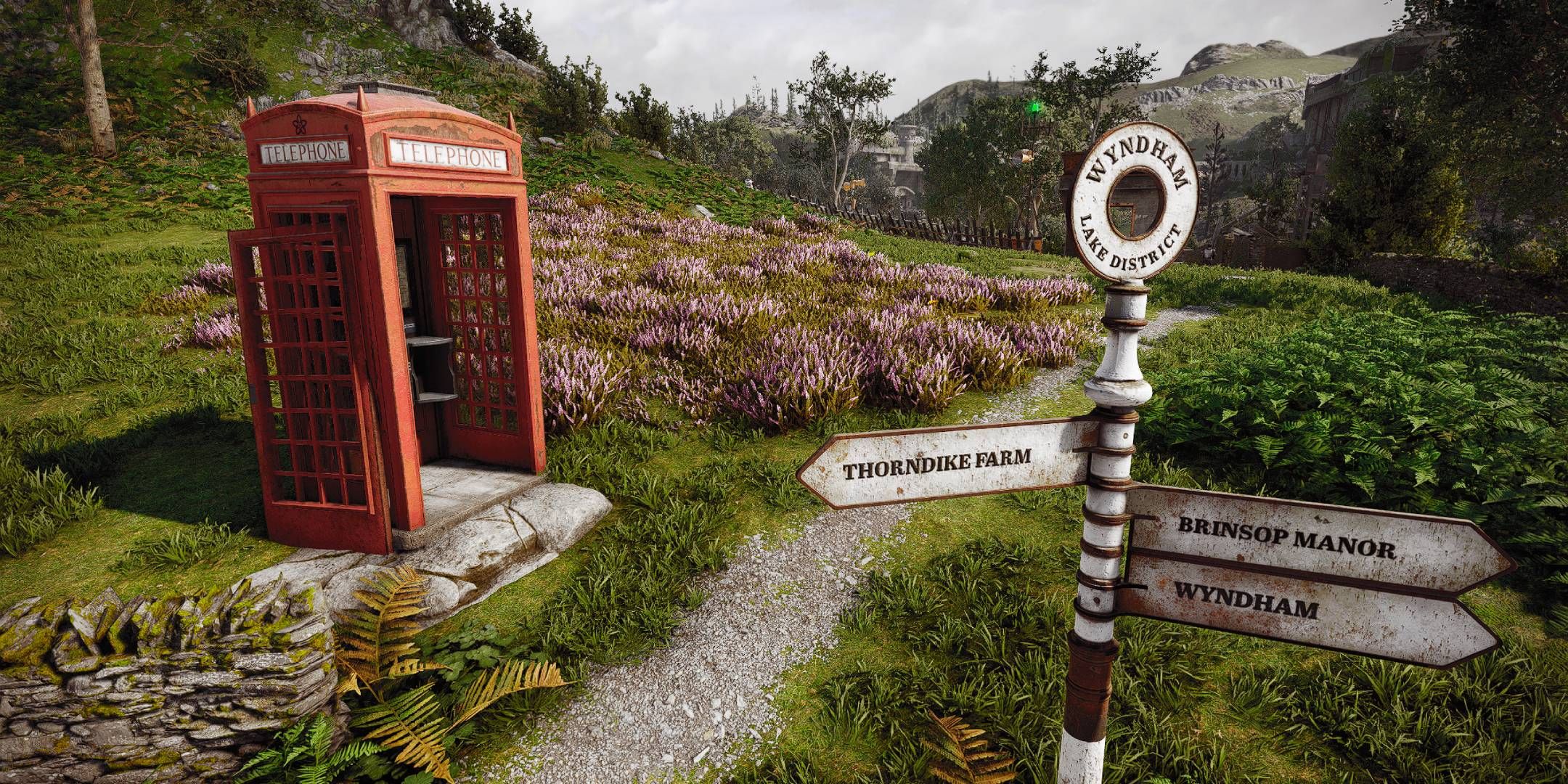 A red phone booth and a sign in Atomfall.