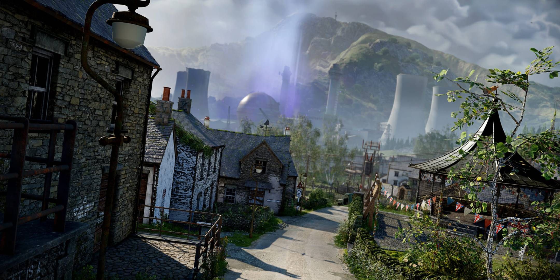 A village with a purple light in the distance in Atomfall.