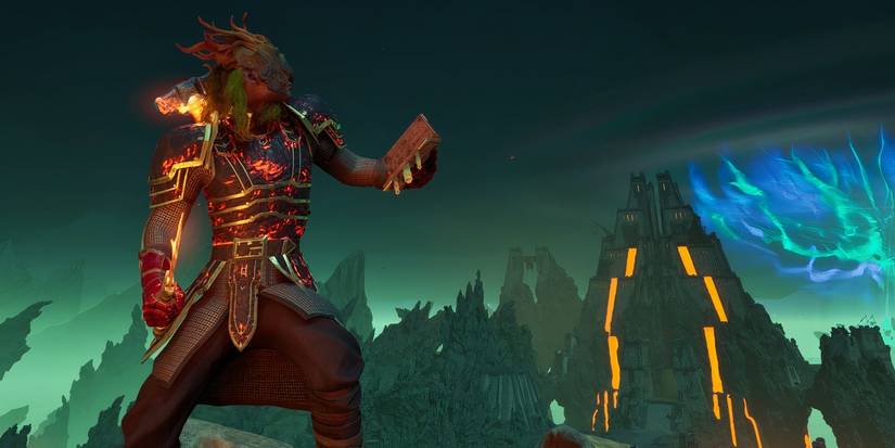 The Envoy in Avowed wearing Lava-Forged Plate Armor in front of Solace Keep