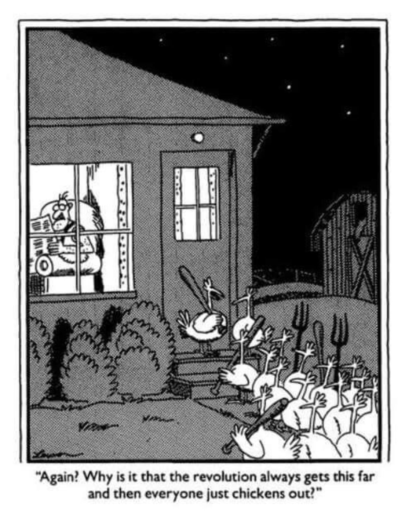 Far Side, mob of chickens talking in front of the farmer's house.