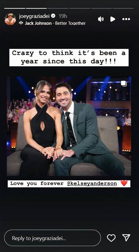 The Bachelor star Joey Graziadei's Instagram Story showing 1 year since his & Kelsey Anderson's finale