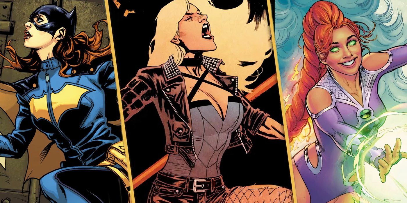 Batgirl looking off to the left on the left Black Canary screaming in the center and Starfire flying happily to the right