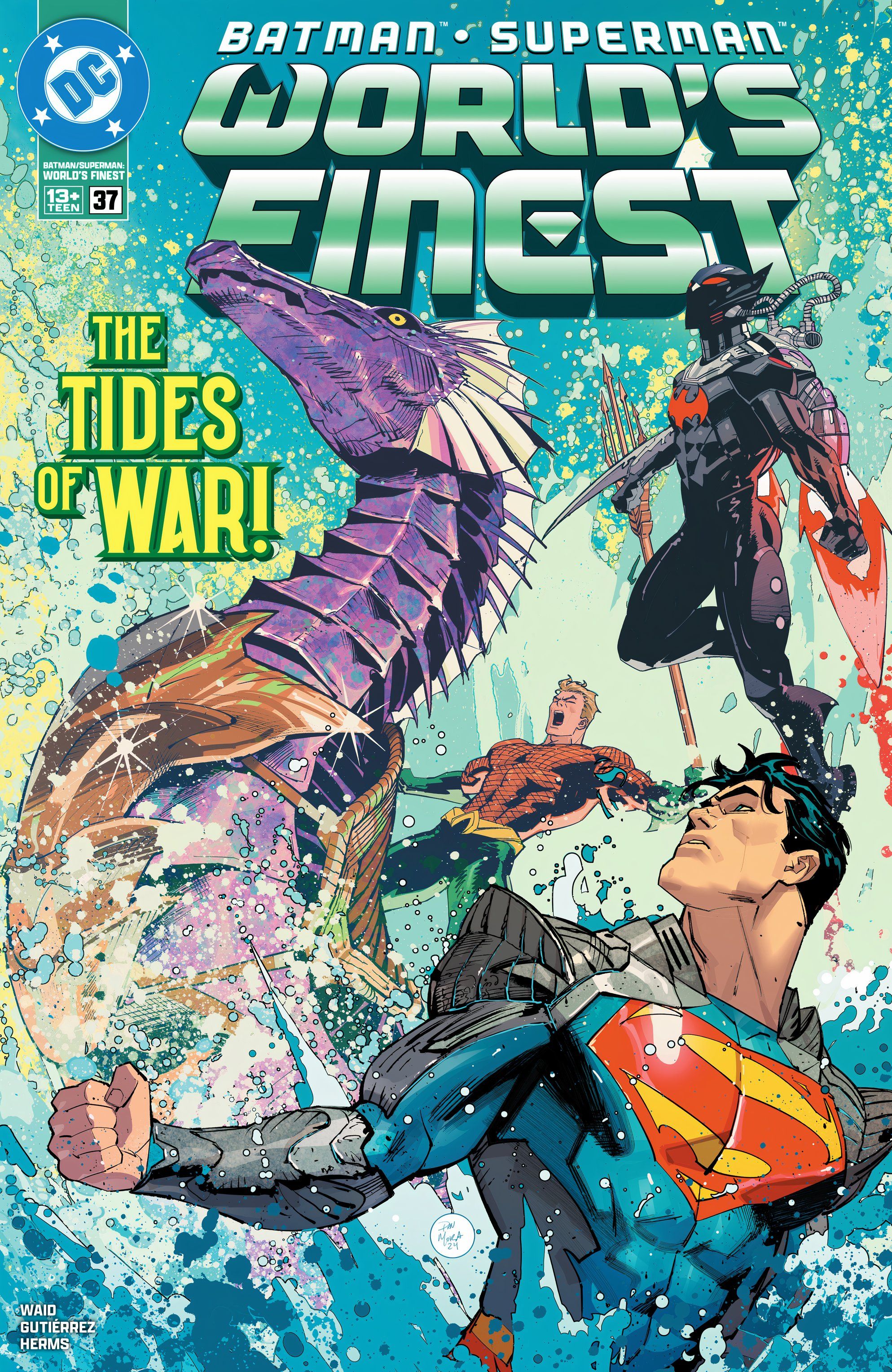 Aquaman crashes through waves on a giant seahorse, Batman flies in sleek black armor, and Superman flexes.