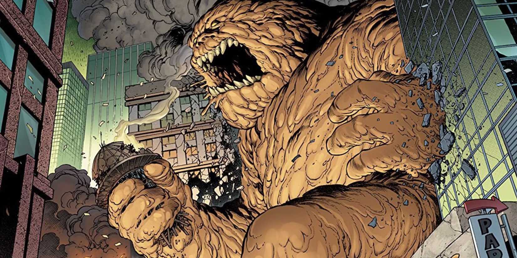 batman villain clayface smashing a building while gigantic