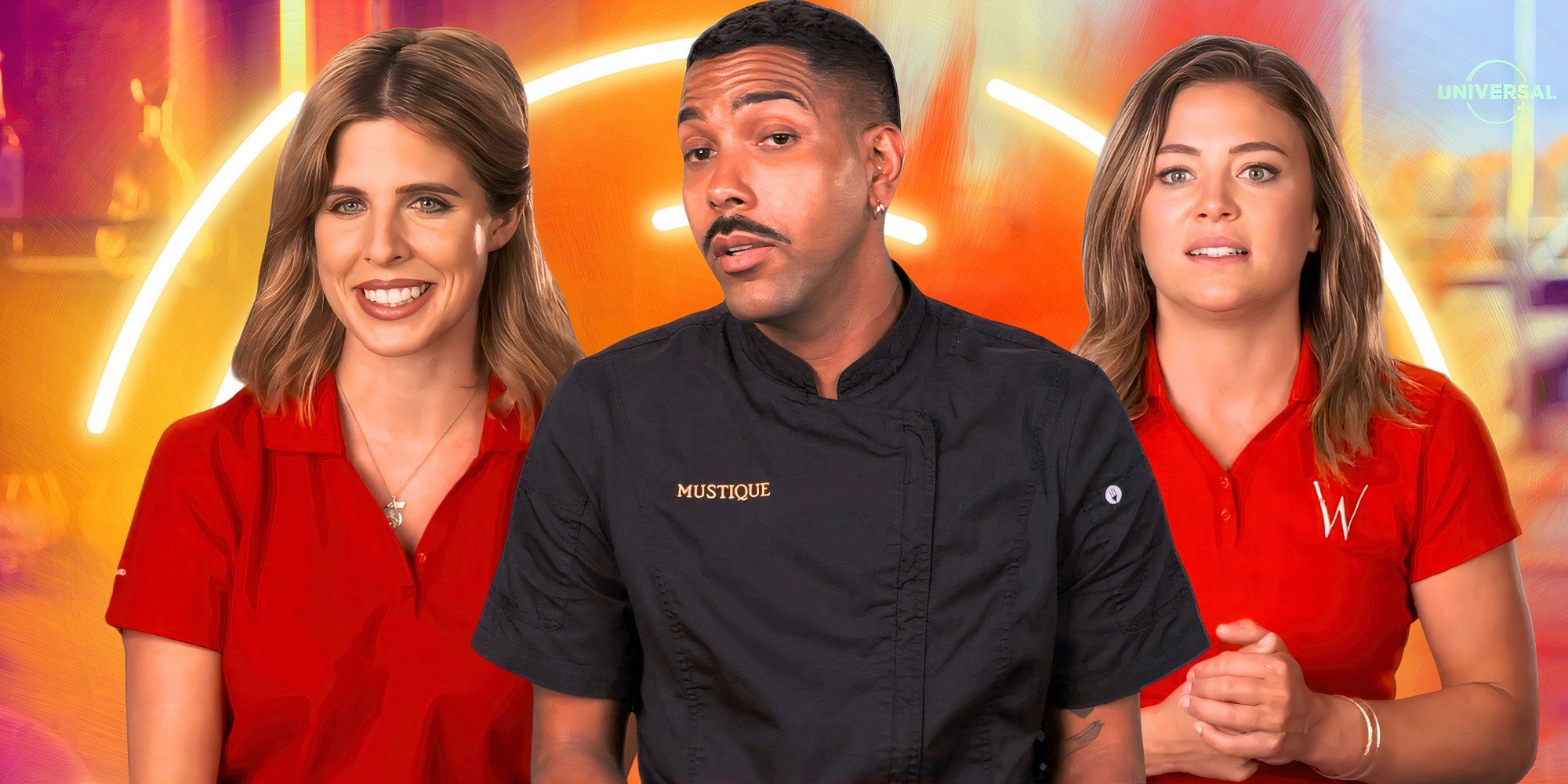 Below Deck Med alums Malia White Bugsy Drake Johnathan Shillingford in serious montage with orange background