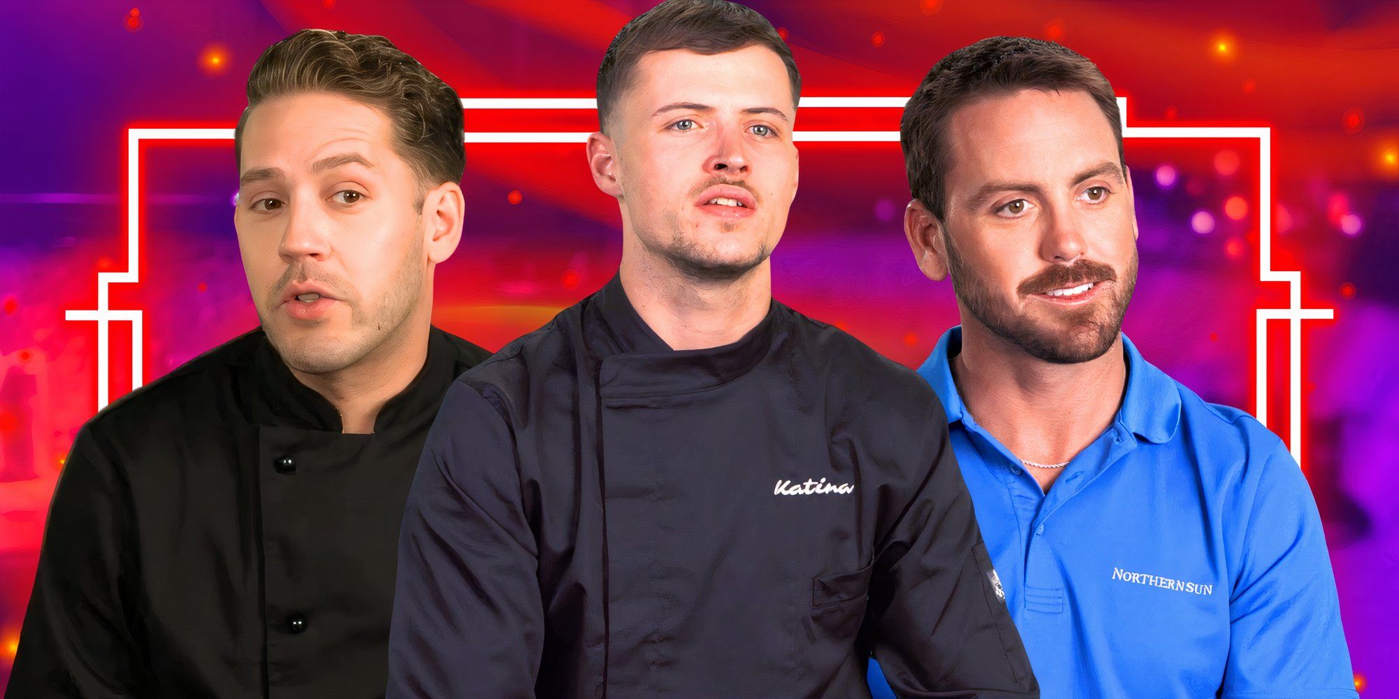 Below Deck Down Under stars Anthony Bird Luke Jones and Ryan McKeown in uninforms with red background