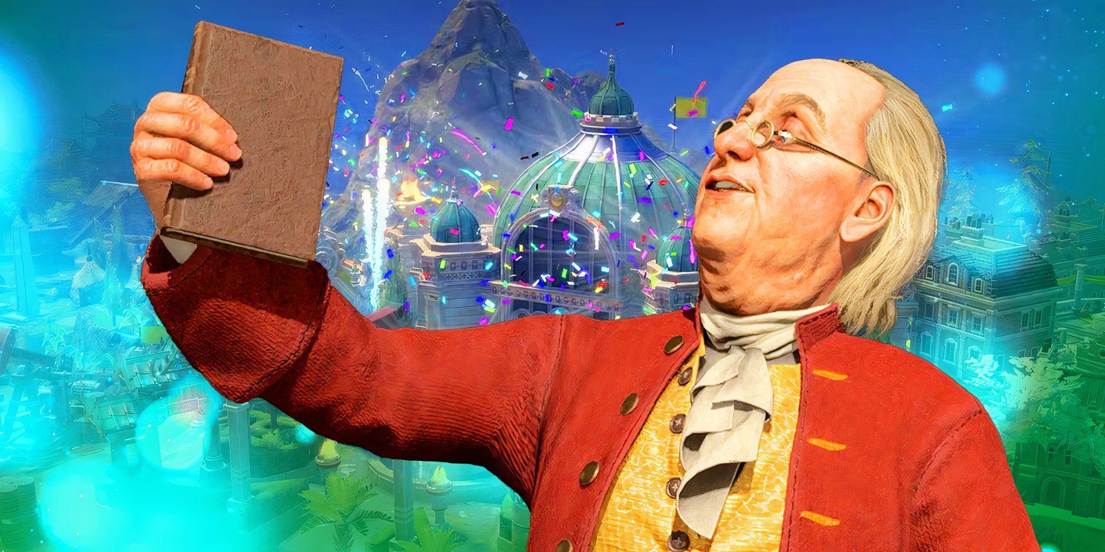 Benjamin Franklin holding a book in Civilization 7