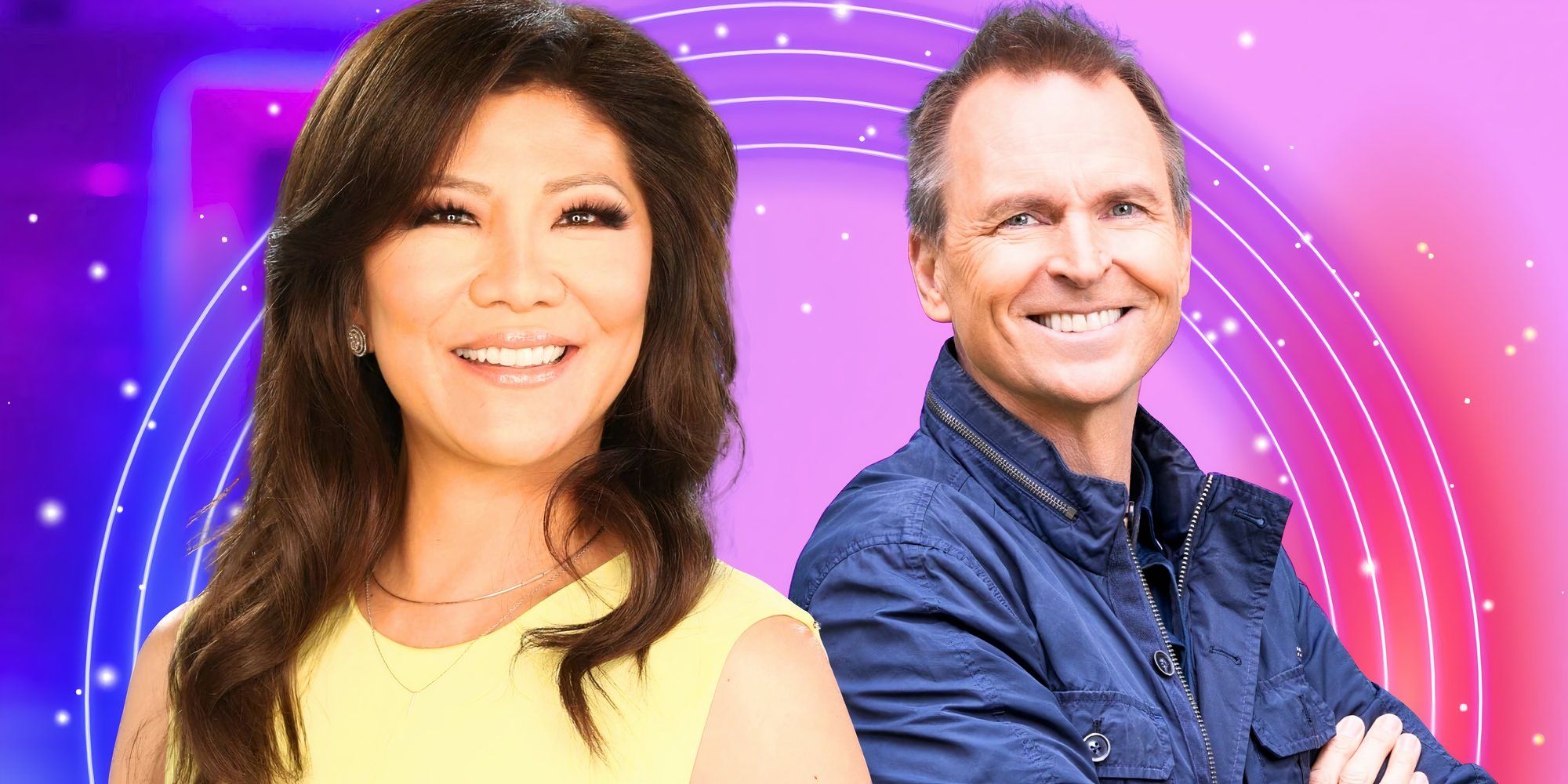big brother host julie chen moonves with amazing race host phil keoghan with both smiling in montage