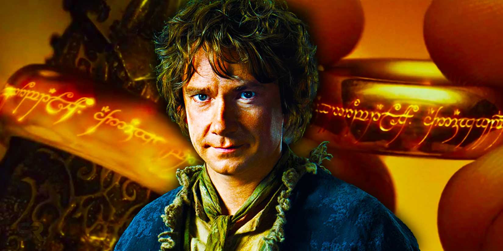 Martin Freeman as Bilbo Baggins in The Hobbit and images of the One Ring in the background