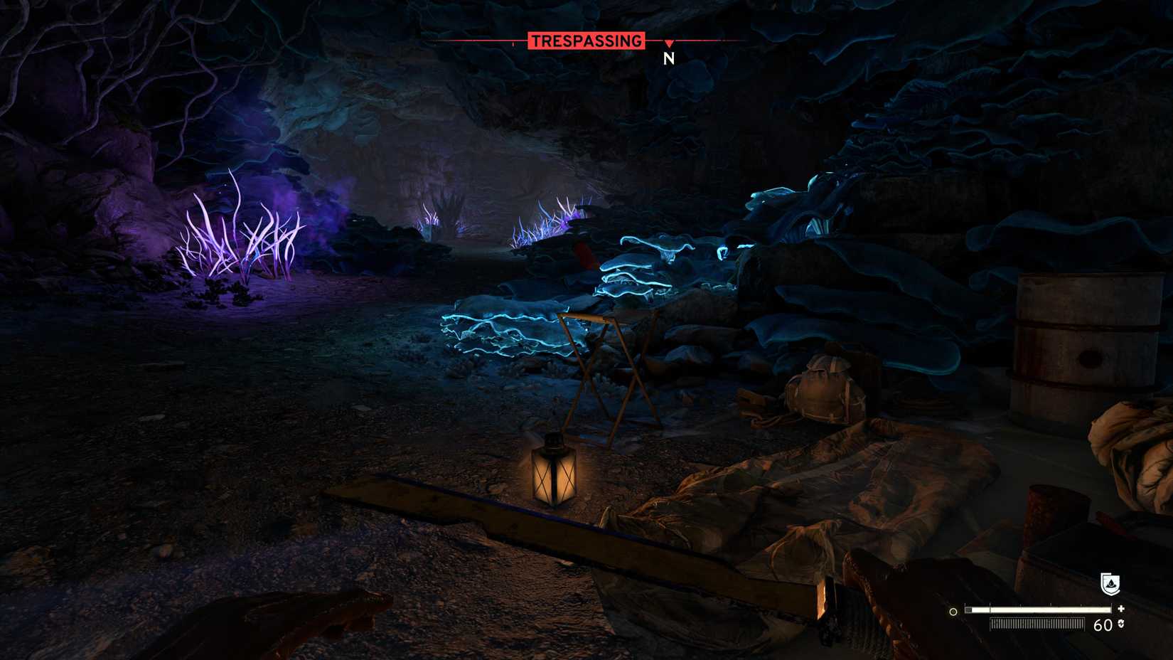 Bioluminescent fungi in a cave in Atomfall.