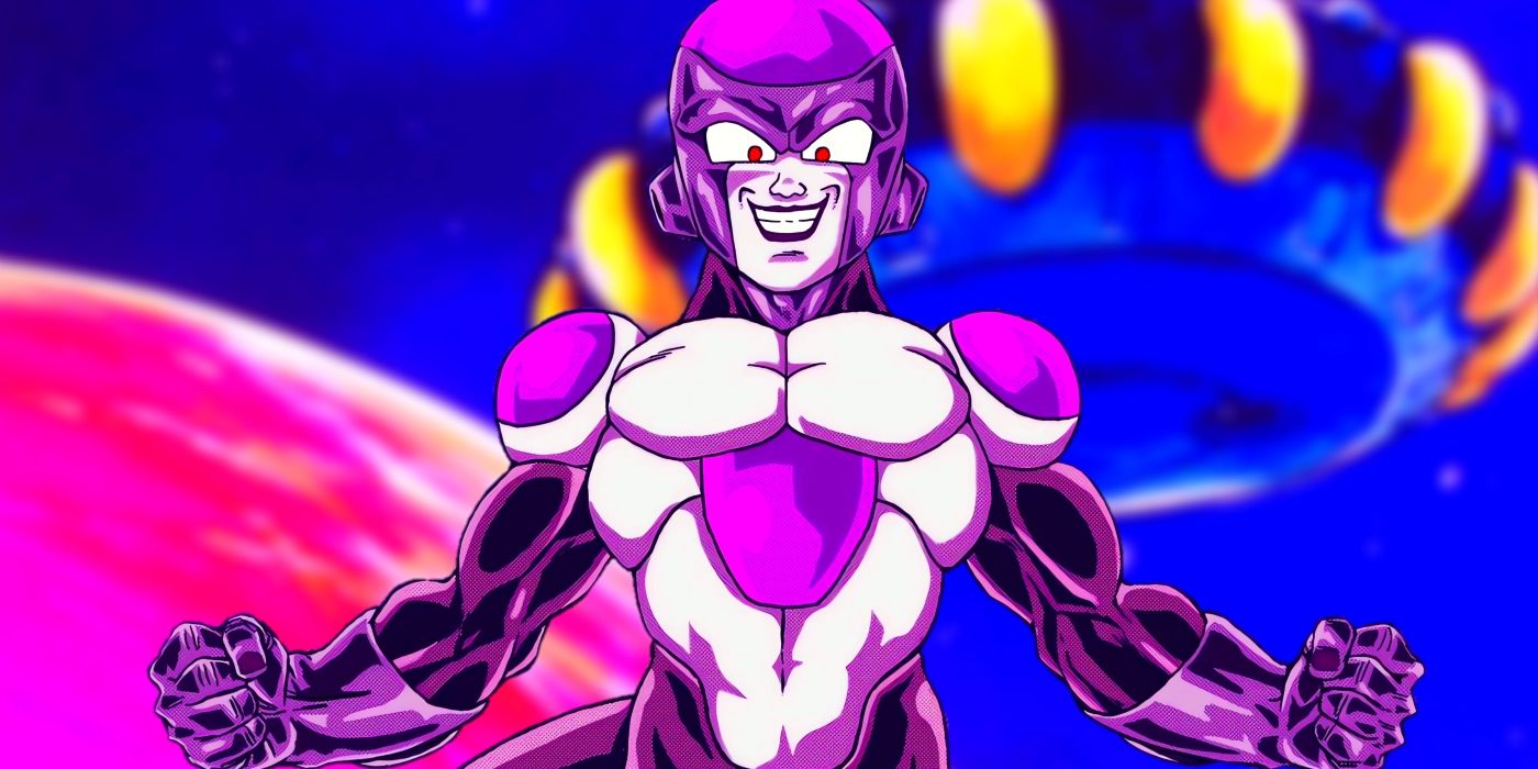 Black Frieza powering up as he smiles. Behind him, his ship and Planet Vegeta can be seen.