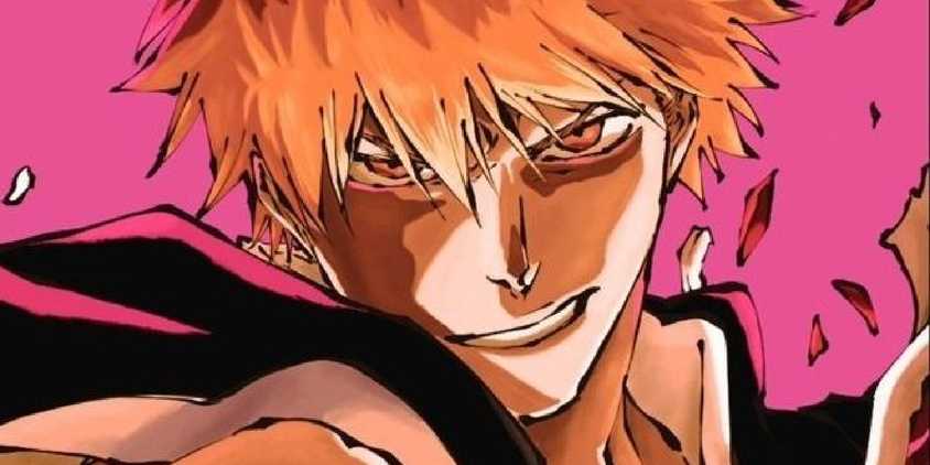 Bleach's Ichigo Smiling with a pink background and pieces of his Hollow self behind him.