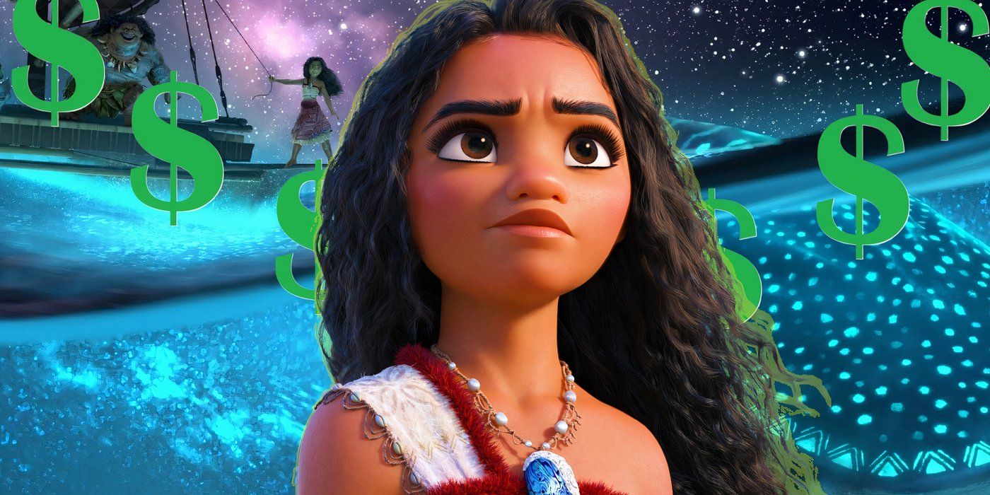 Blended image of Moana in Moana 2 overtop a background of the ocean and green dollar signs