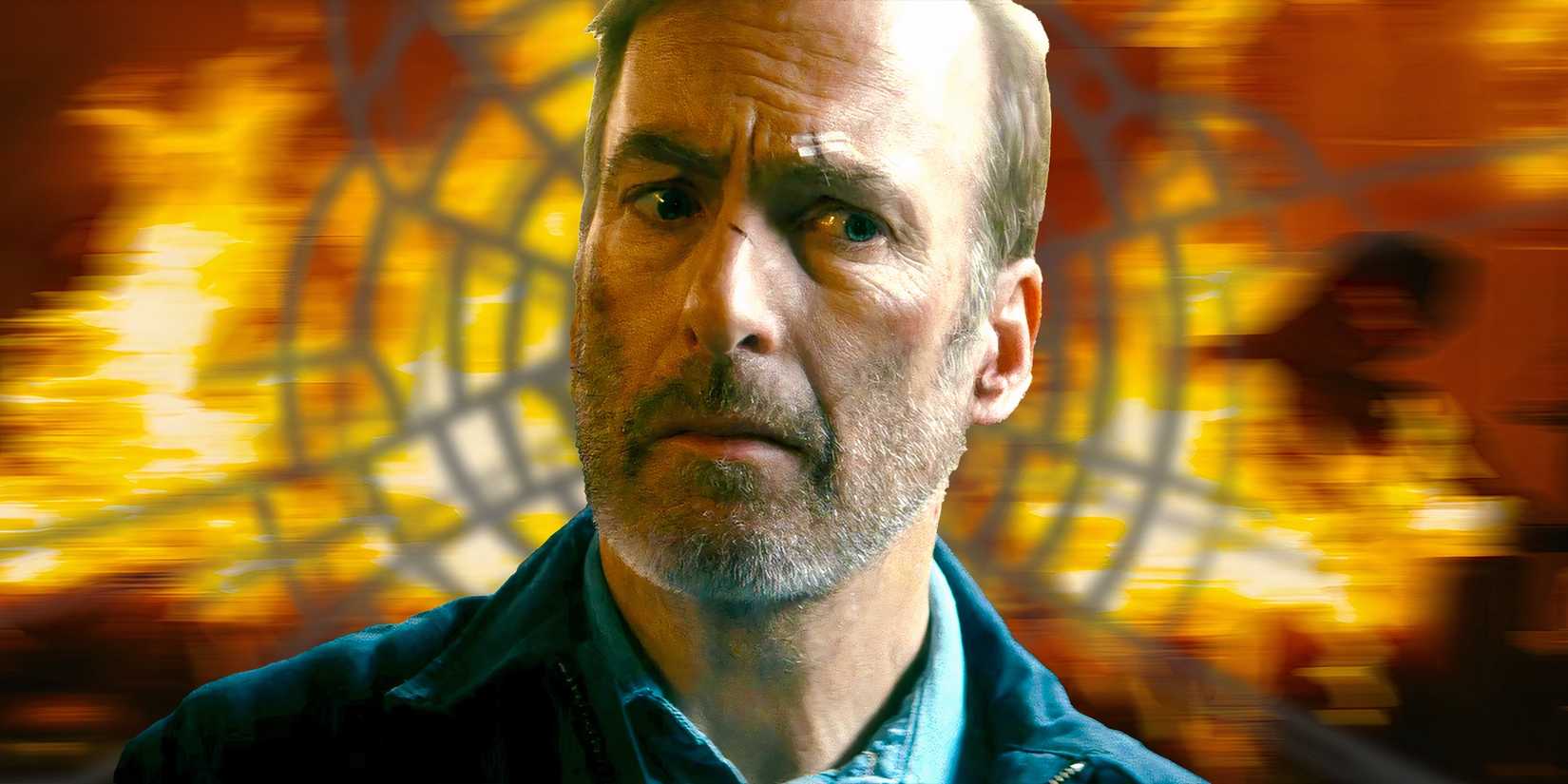 Bob Odenkirk as Hutch looking worried against background of broken glass and fire in Nobody
