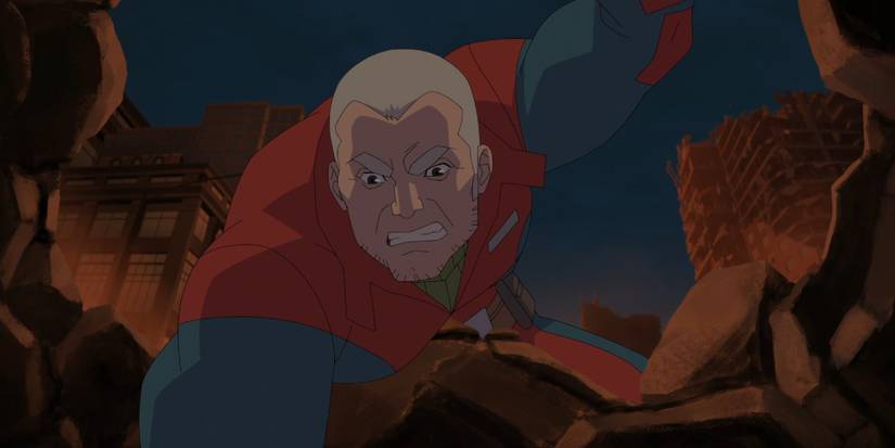 Brit leaning down to help Donald up in Invincible season 3 (2025)