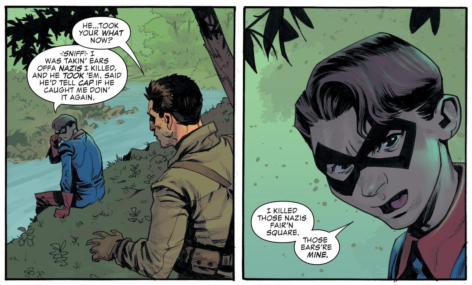 Bucky Barnes tells Sal Romero that he takes Nazi ears.