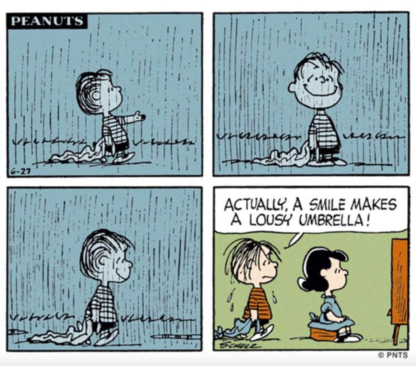 Linus walking home in the rain with a smile on until he is home.