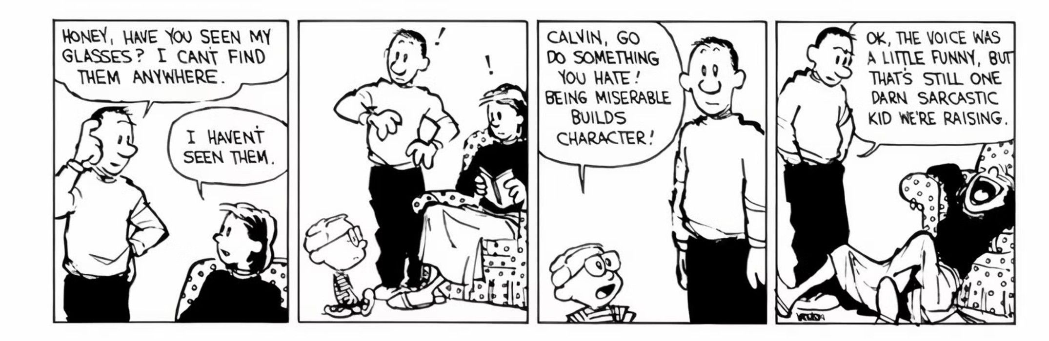 Calvin and Hobbes, Calvin impersonates his father while his mother laughs