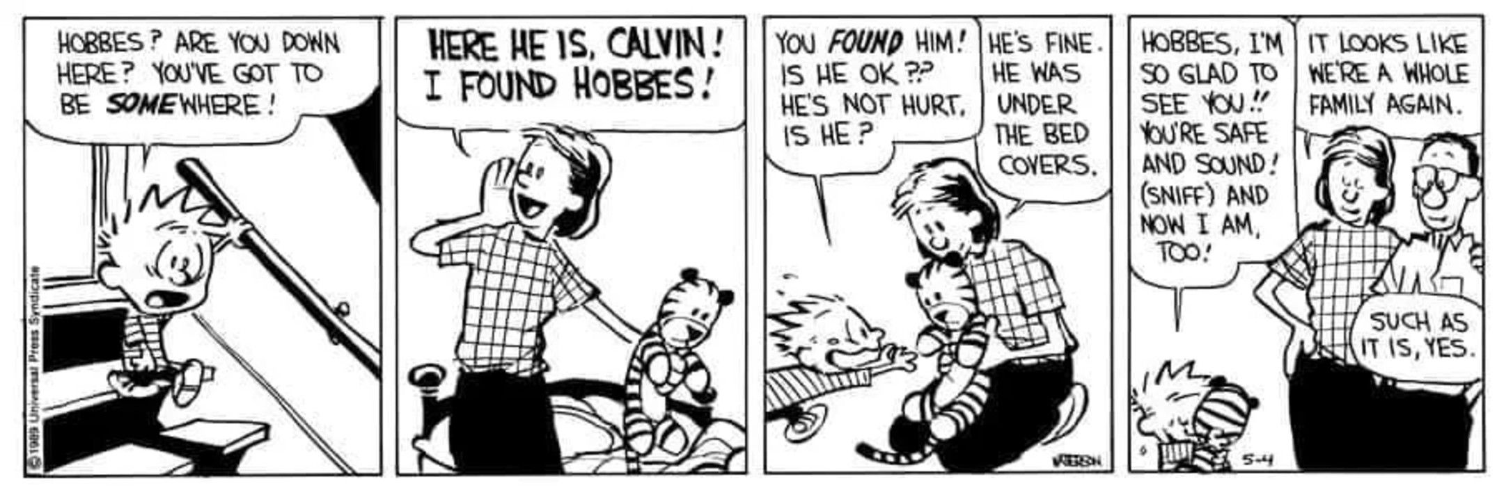 Calvin and Hobbes, Calvin's mom finds his Hobbes plushie and says they're a whole family again