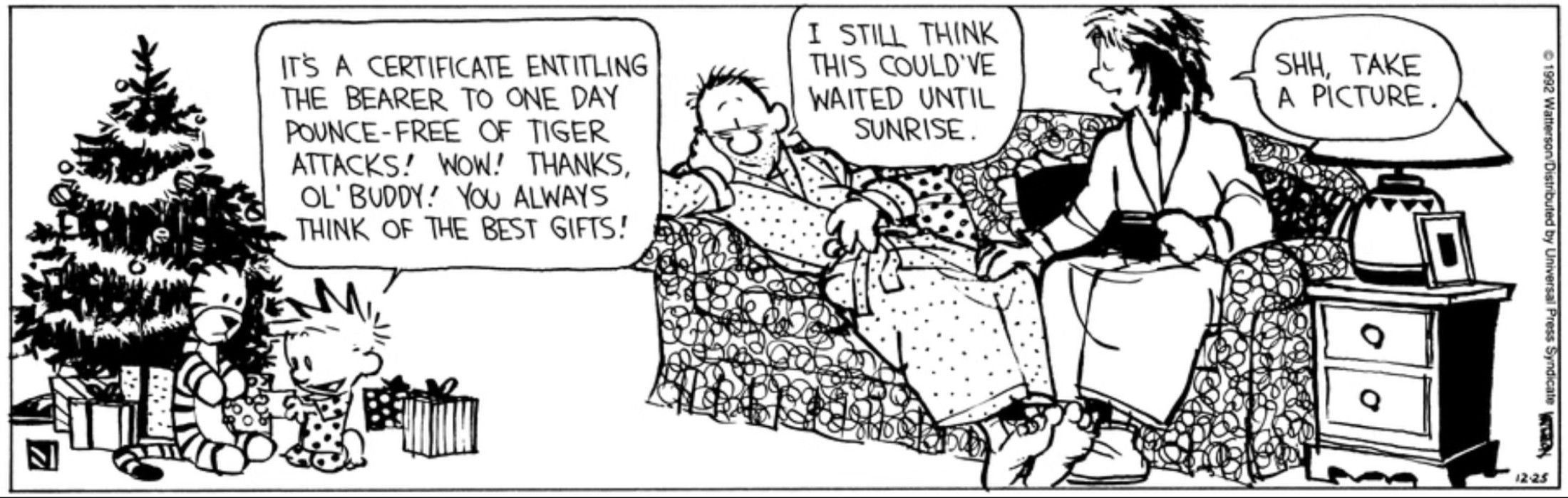 Calvin and Hobbes, Calvin's parents tiredly watch him on Christmas morning