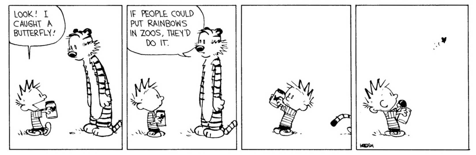 Calvin and Hobbes, Hobbes says that if people could put rainbows in zoos they'd do it when Calvin catches a butterfly