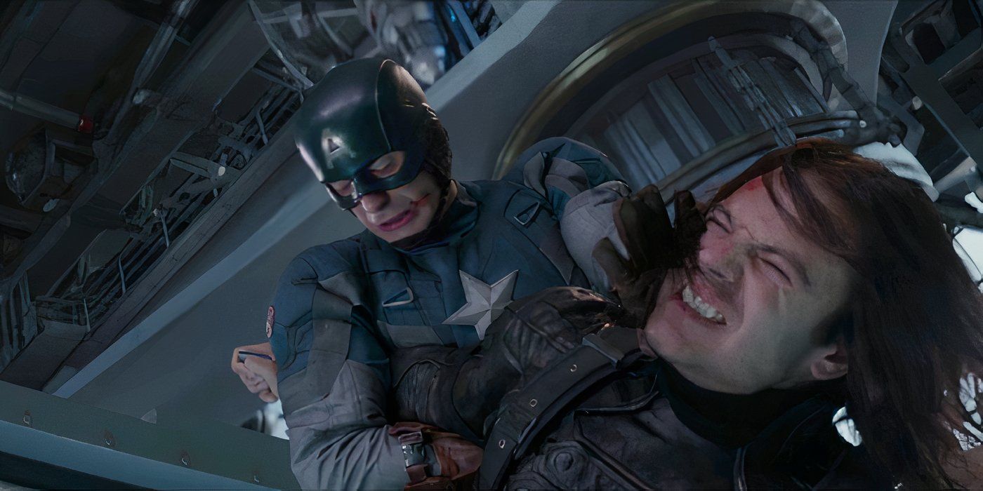 Captain America fighting Bucky in Captain America the Winter Soldier