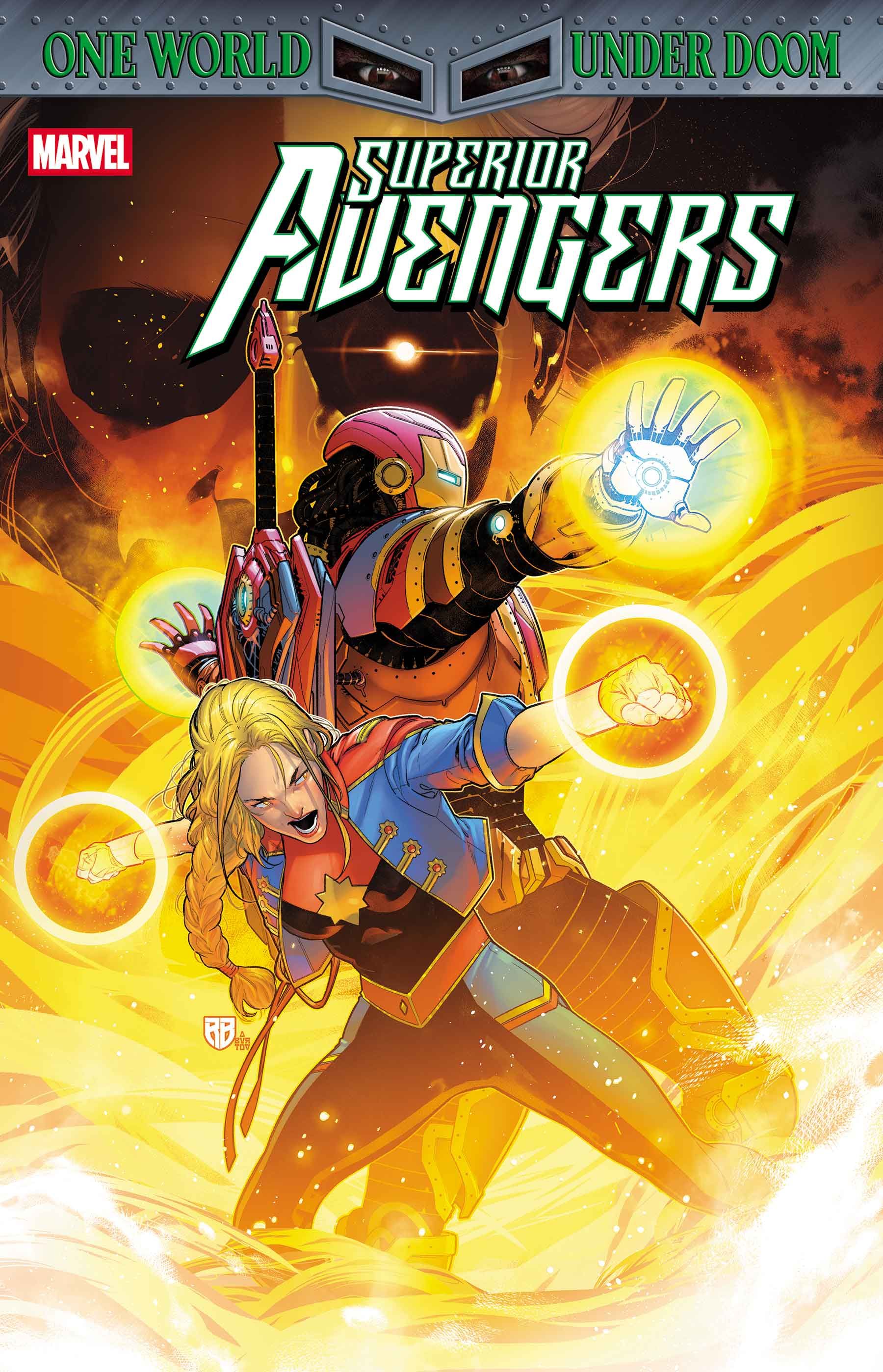 Captain Marvel and Iron Man under fire on the cover of Superior Avengers #3