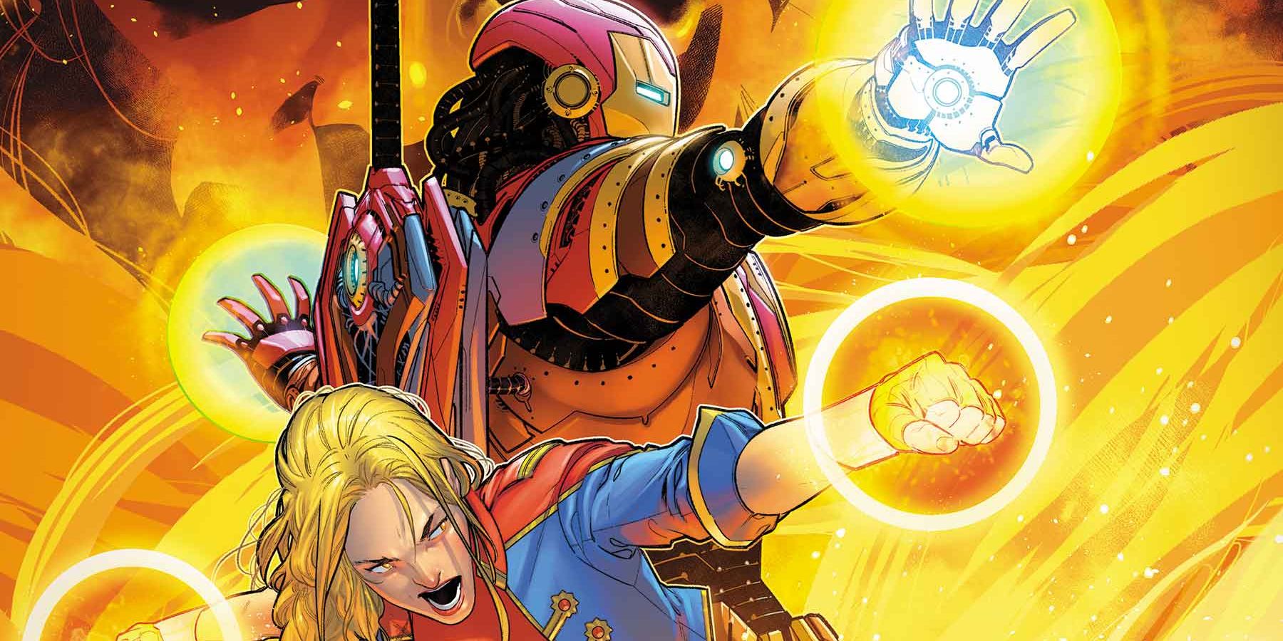 Captain Marvel and Iron Man under fire on the cropped cover of Superior Avengers #3