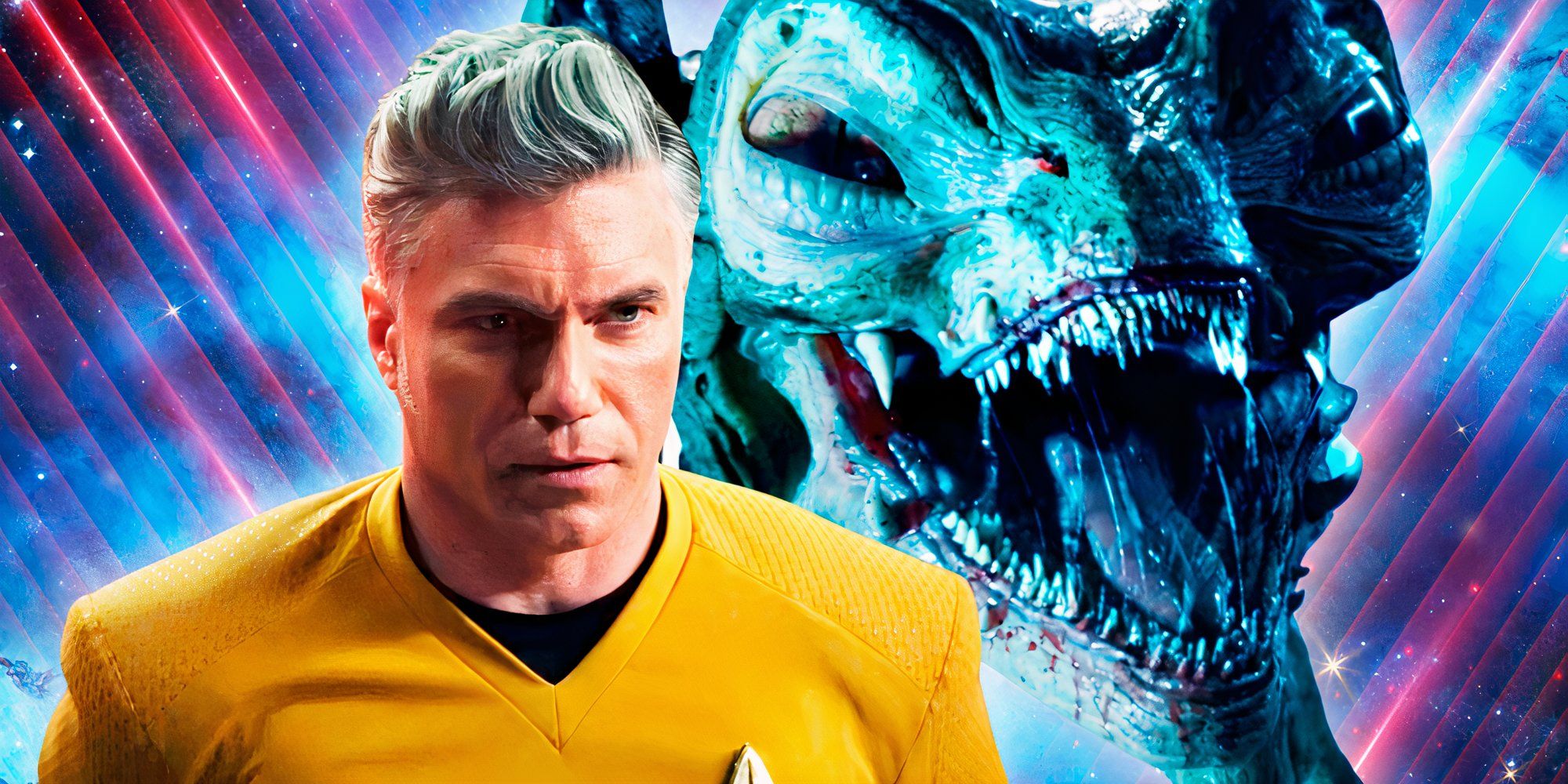 Captain Pike looking grim and the Gorn from Strange New Worlds behind him