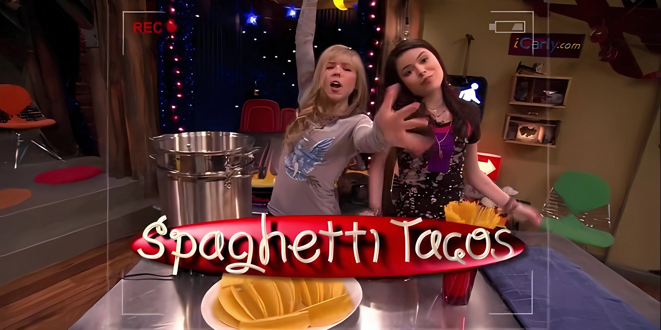 Carly and Sam celebrate their Spaghetti Tacos on iCarly