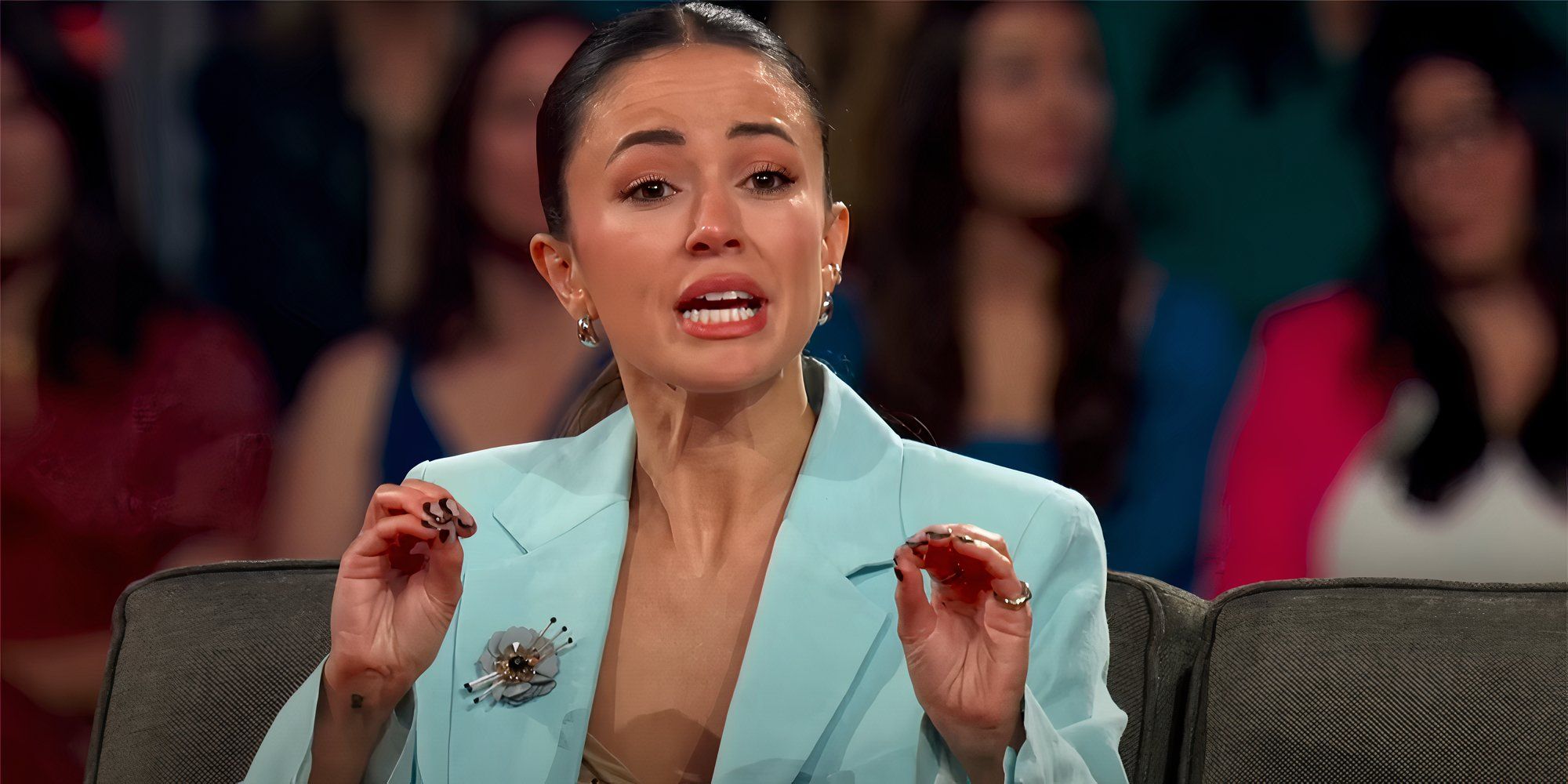 The Bachelor's Carolina Sofia at the Women Tell All special looking emotional