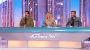 Carrie Underwood, Lionel Richie and Luke Bryan behind judging table on American Idol