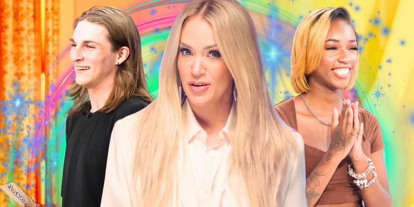 up close image of American idols' Carrie Underwood with contestants in the background