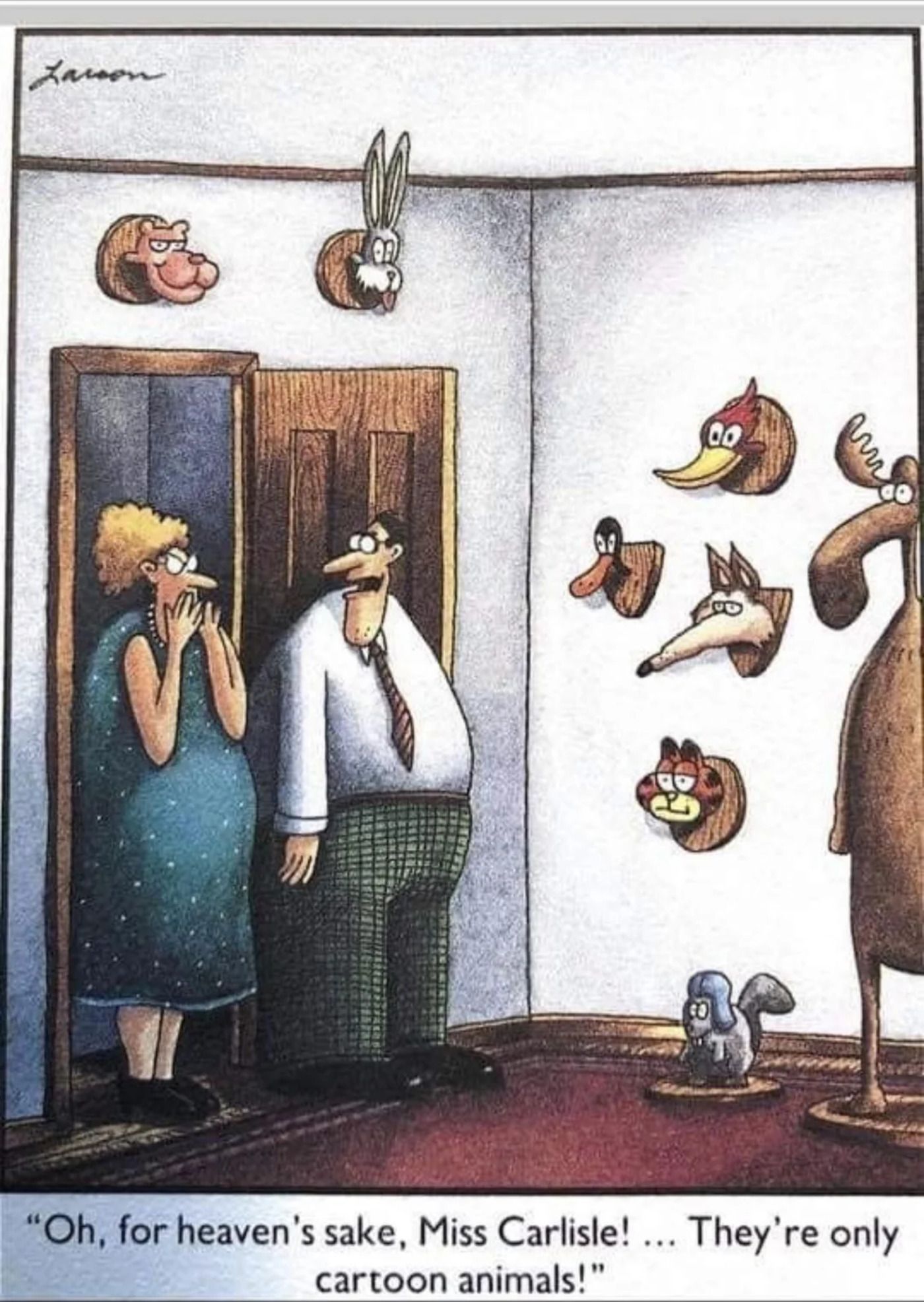 Far Side, mounted cartoon heads and stuffed Rocky and Bullwinkle in man's house.