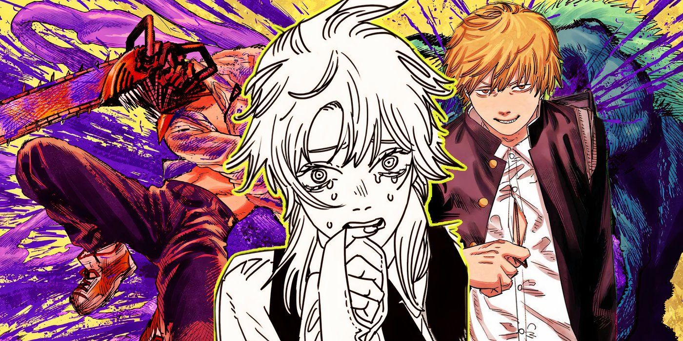 The Death Devil with Denji both in his human and Chainsaw Man form behind her.