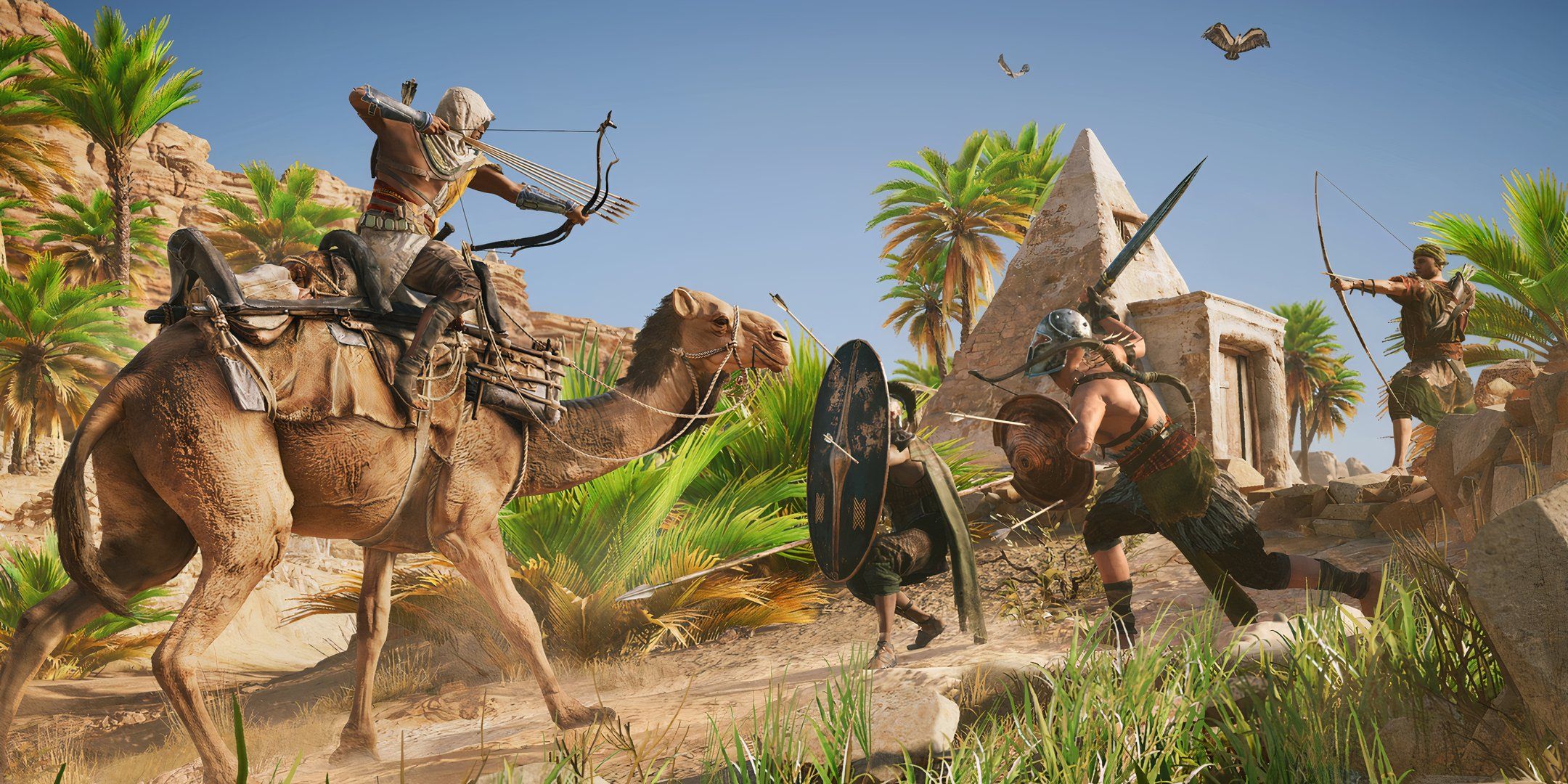 Character riding a camel and drawing his bow and arrows at enemies in Assassin&rsquo;s Creed Origins.