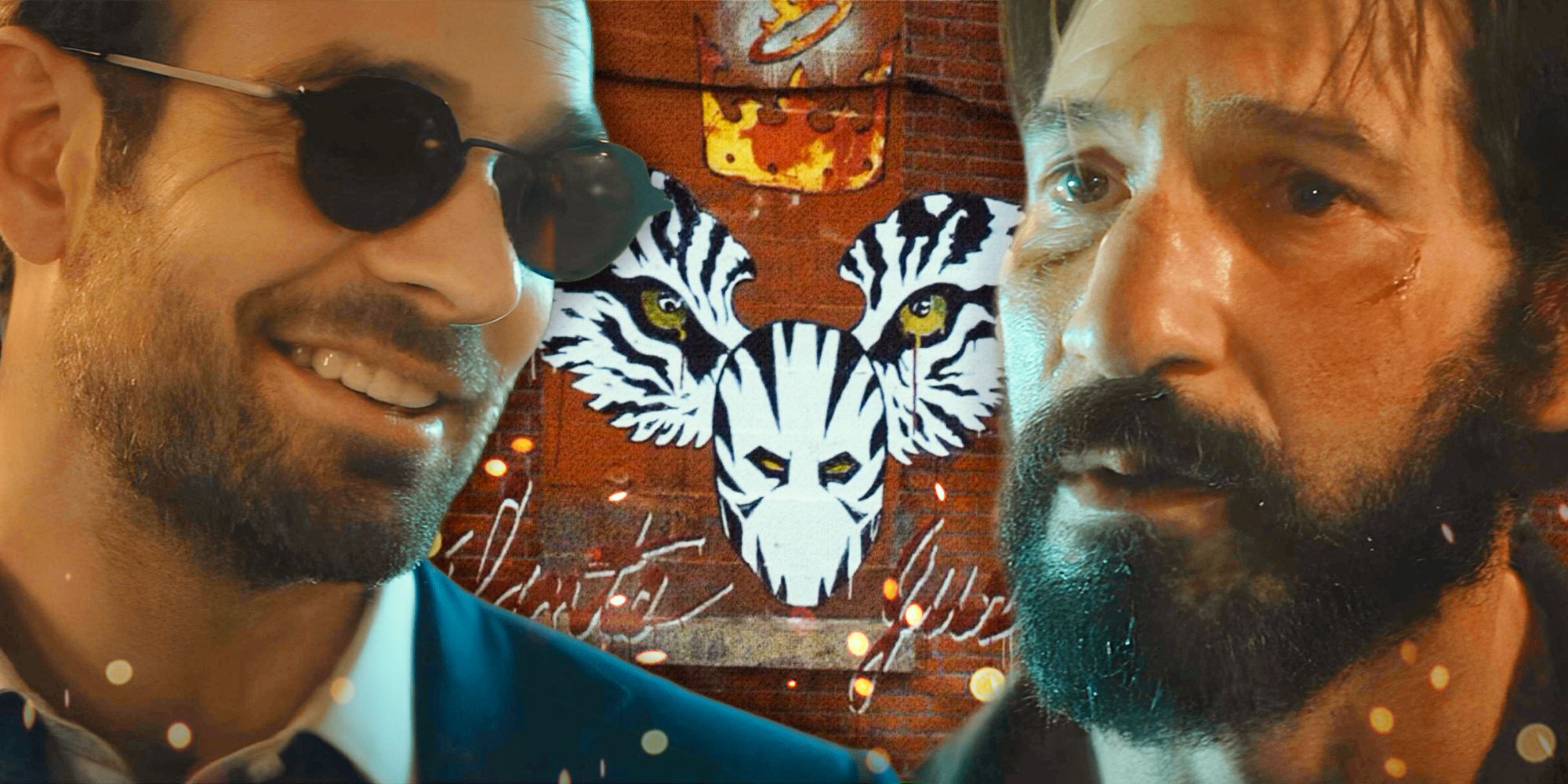 Charlie Cox as Matt Murdock and Jon Bernthal as Punisher in Daredevil Born Again in Front of a White Tiger Mural