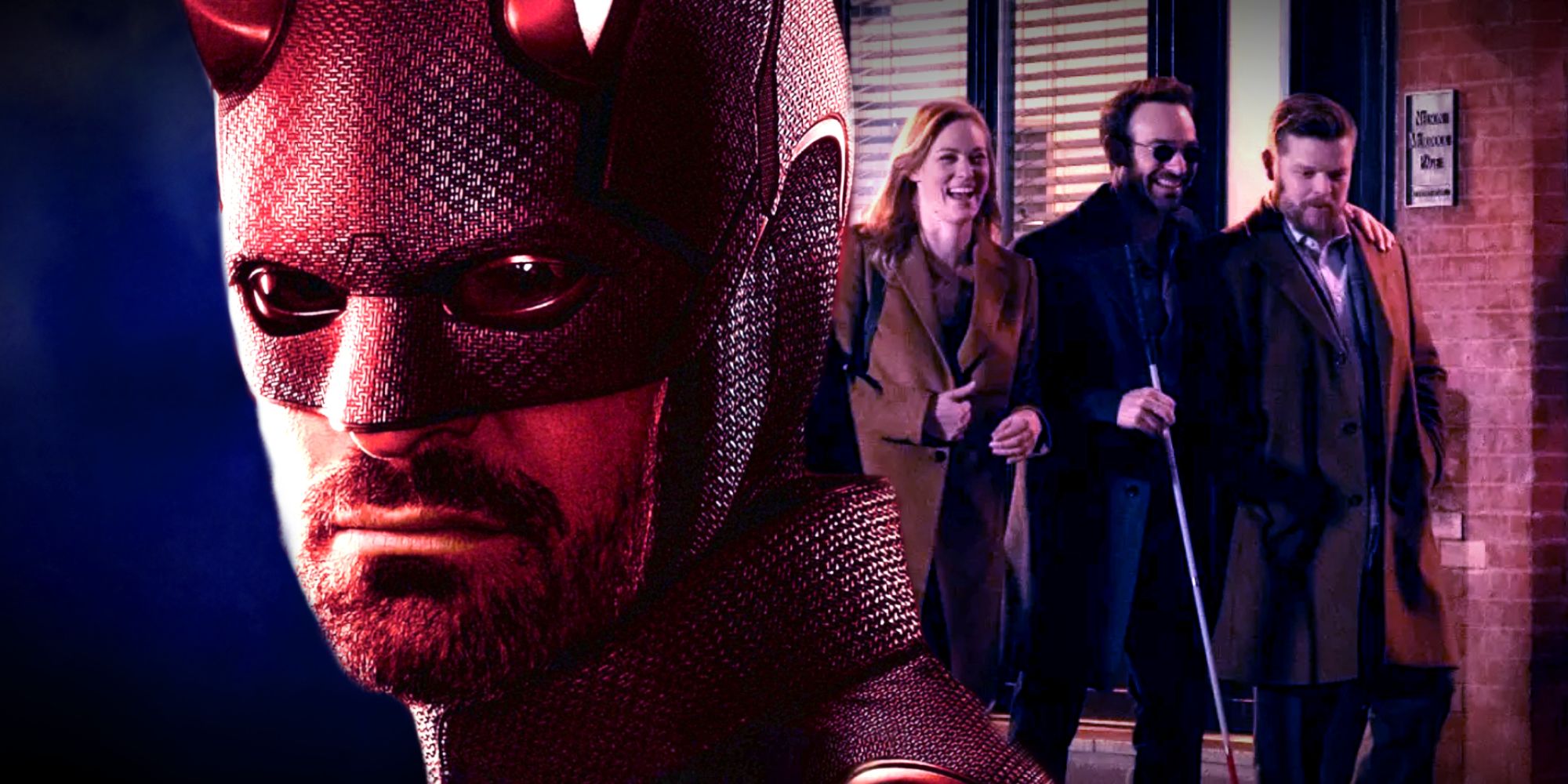 Charlie Cox's Matt Murdock laughs with Elden Henson's Foggy Nelson and Deborah Ann Woll's Karen Page in Daredevil Born Again episode 1