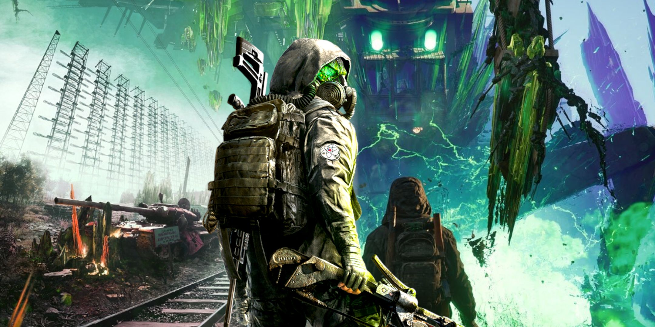 Chernobylite 2 promo art with the hero acing a machine and tanks