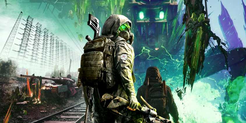 Chernobylite 2 promo art with the hero acing a machine and tanks