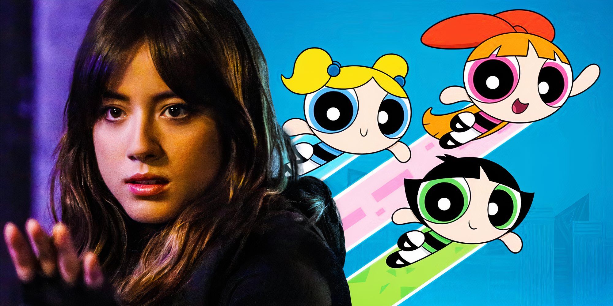 Chloe Bennet and the animated Powerpuff Girls