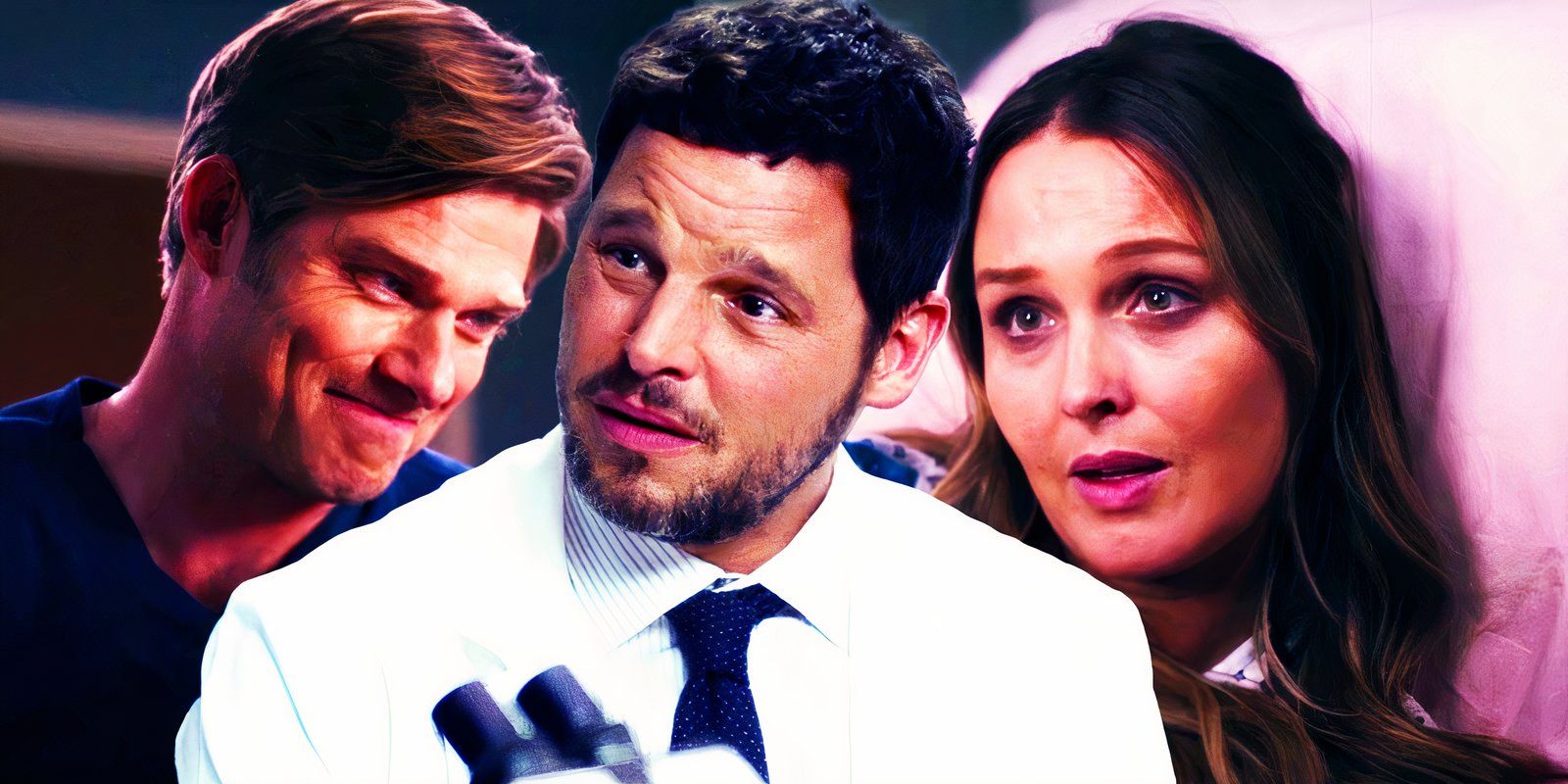 Chris Carmack as Link and Camilla Luddington as Jo in Grey's Anatomy season 21 episode 9 in the background with a closeup of Justin Chambers as Alex Karev in Grey's Anatomy season 15