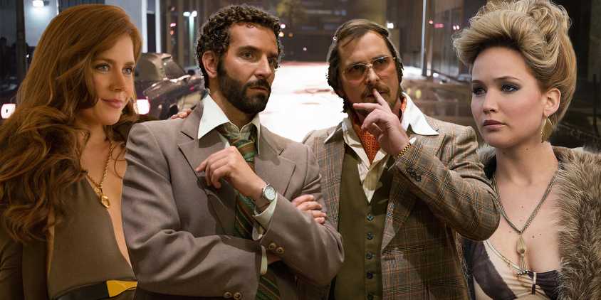 Collage of Christian Bale as Irving Rosenfeld, Bradley Cooper as Richie DiMaso, Amy Adams as Sydney Prosser, and Jennifer Lawrence as Rosalyn Rosenfeld in American Hustle