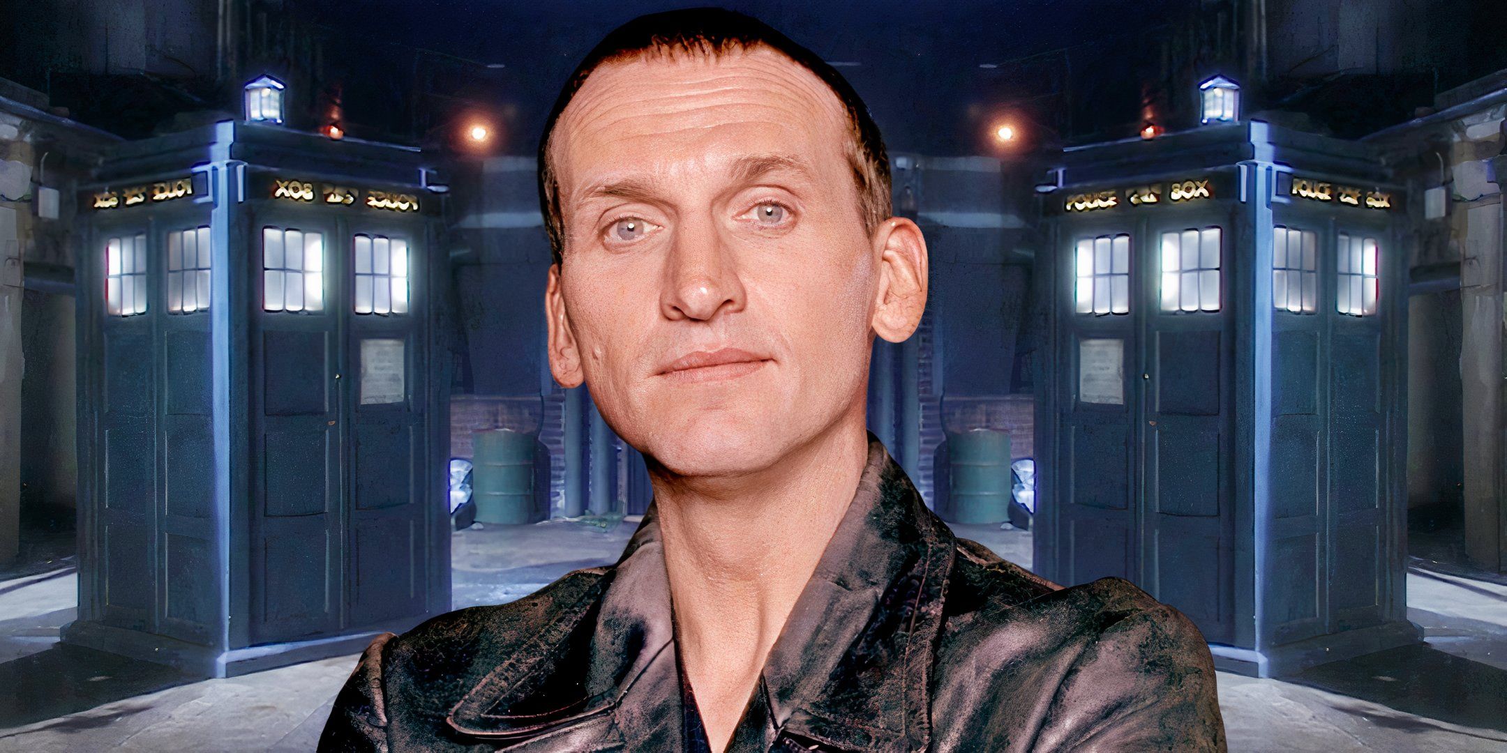 Christopher Eccelston as the Doctor surrounded by TARDISs in Doctor Who custom image