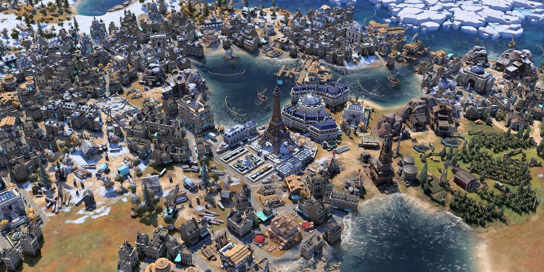 A giant city in Civilization 7 with the Eiffel Tower in the middle.