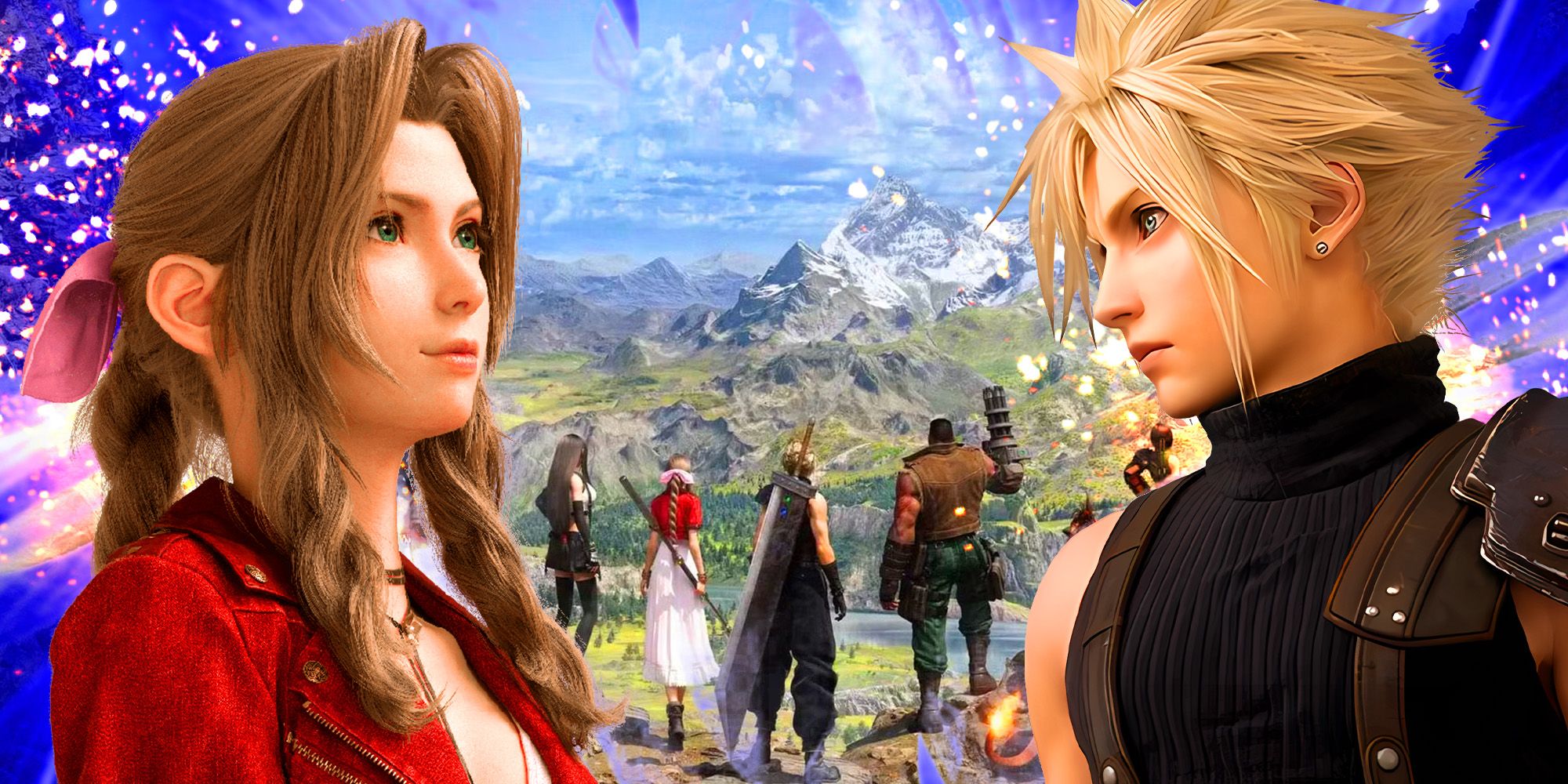 Cloud and Aerith from FF7 with some scenery