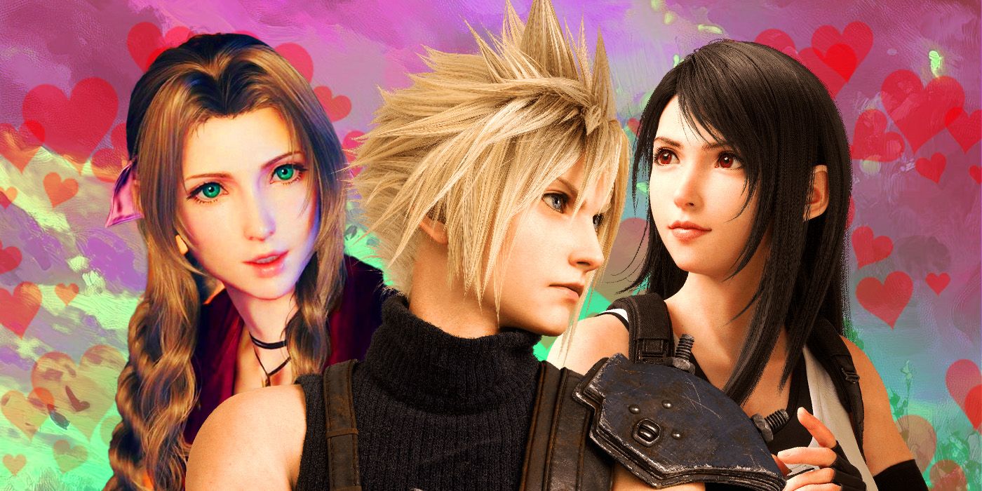 Cloud, Tifa, and Aerith surrounded by bright red hearts.