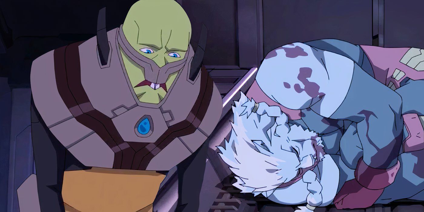 A member of the Coalition of Planets looking down on a frozen Battle Beast in Invincible season 3 (2025)