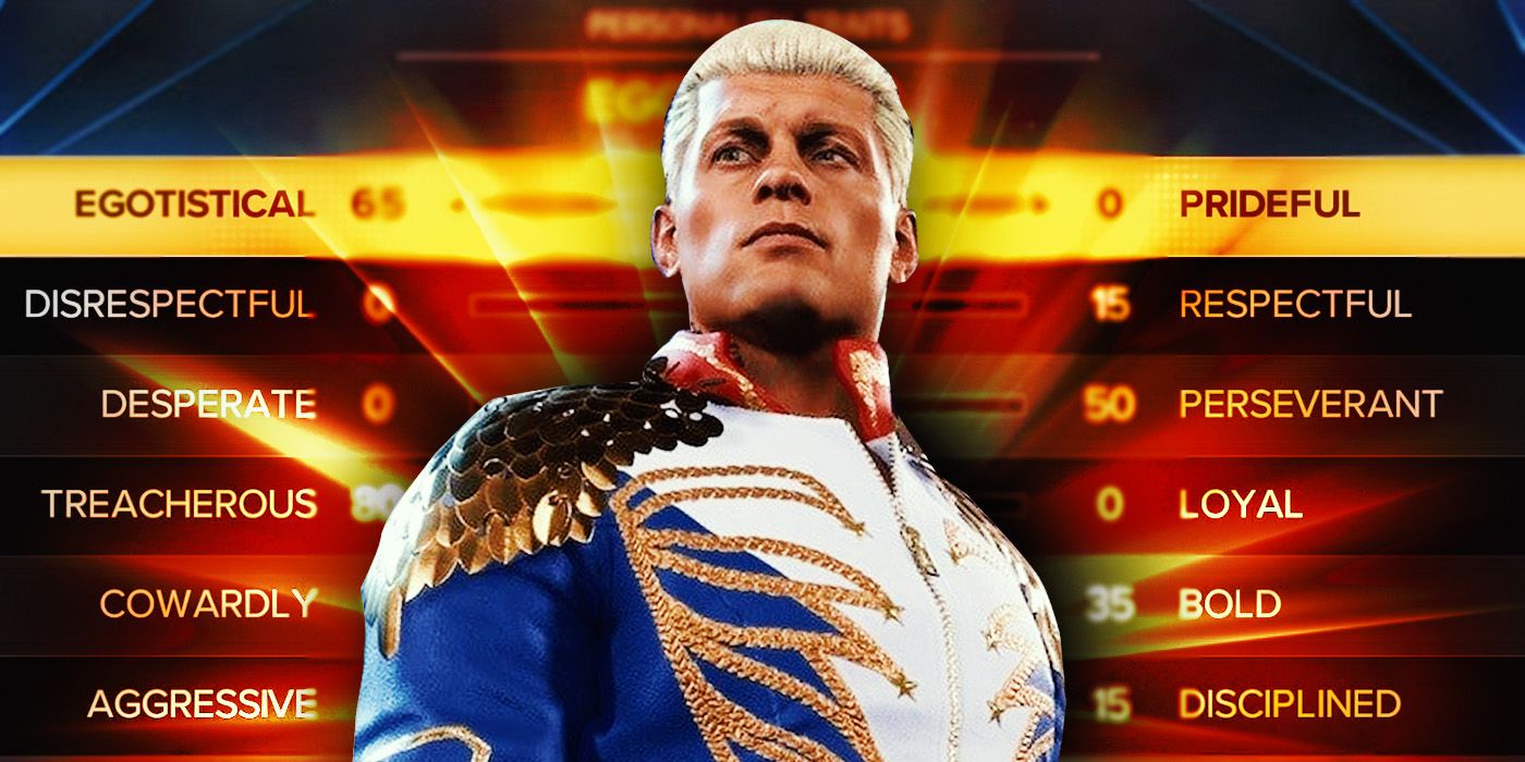Cody Rhodes With Personality types menu in the background from WWE 2K25